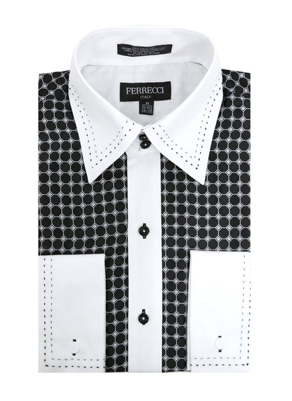 Men's Black Circle Print Satin Dress Shirt – High Collar, French Cuff | Ferrecci Hi-1005