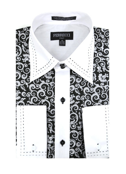 Men's Black & White Baroque Scroll Satin Dress Shirt – High Collar, French Cuff | Ferrecci Hi-1006
