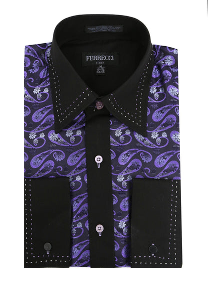 Men's Purple & Black Floral Satin Dress Shirt – High Collar, French Cuff | Ferrecci Hi-1013
