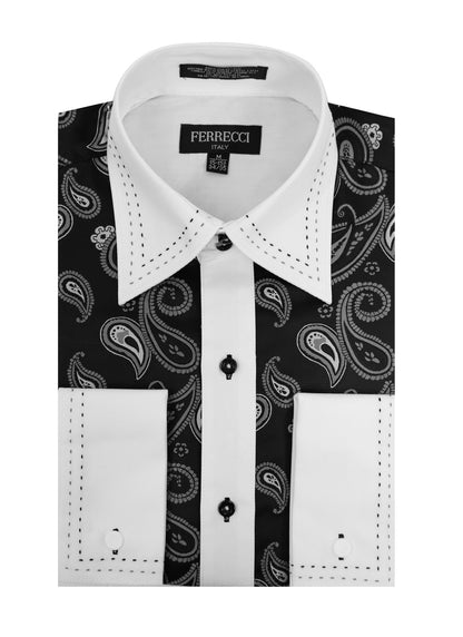 Men's White & Black Paisley Satin Dress Shirt – High Collar, French Cuff | Ferrecci Hi-1014
