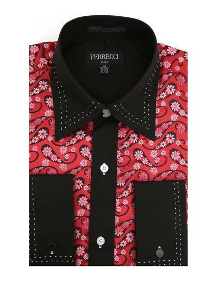 Men's Red & Black Floral Satin Dress Shirt – High Collar, French Cuff | Ferrecci Hi-1015