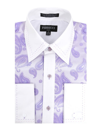 Men's Purple & Lilac Paisley Satin Dress Shirt – High Collar, French Cuff | Ferrecci Hi-1016