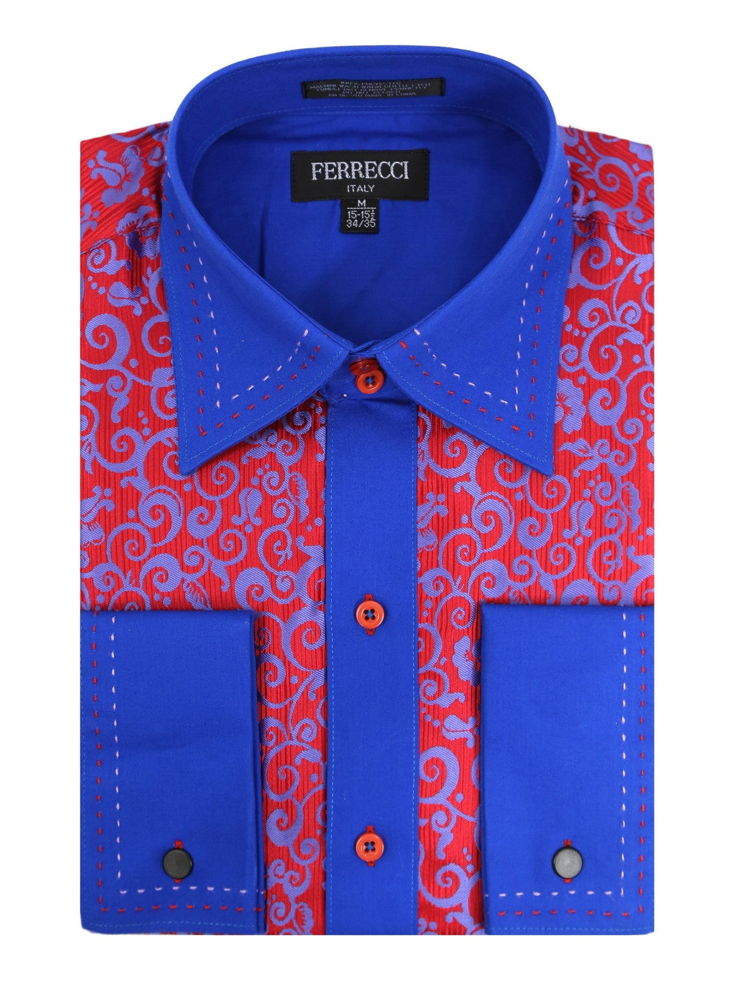 Ferrecci Men's Satine Hi-1017 Red & Blue Scroll Button Down Dress Shirt