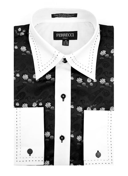 Men's Black & White Floral Satin Dress Shirt – High Collar, French Cuff | Ferrecci Hi-1018