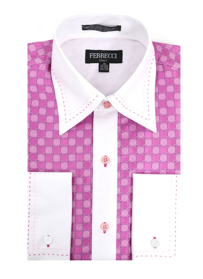 Men's Fuchsia Circle Print Satin Dress Shirt – High Collar, French Cuff | Ferrecci Hi-1020