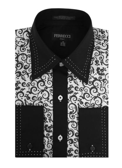 Men's Black & White Baroque Scroll Satin Dress Shirt – High Collar, French Cuff | Ferrecci Hi-1021