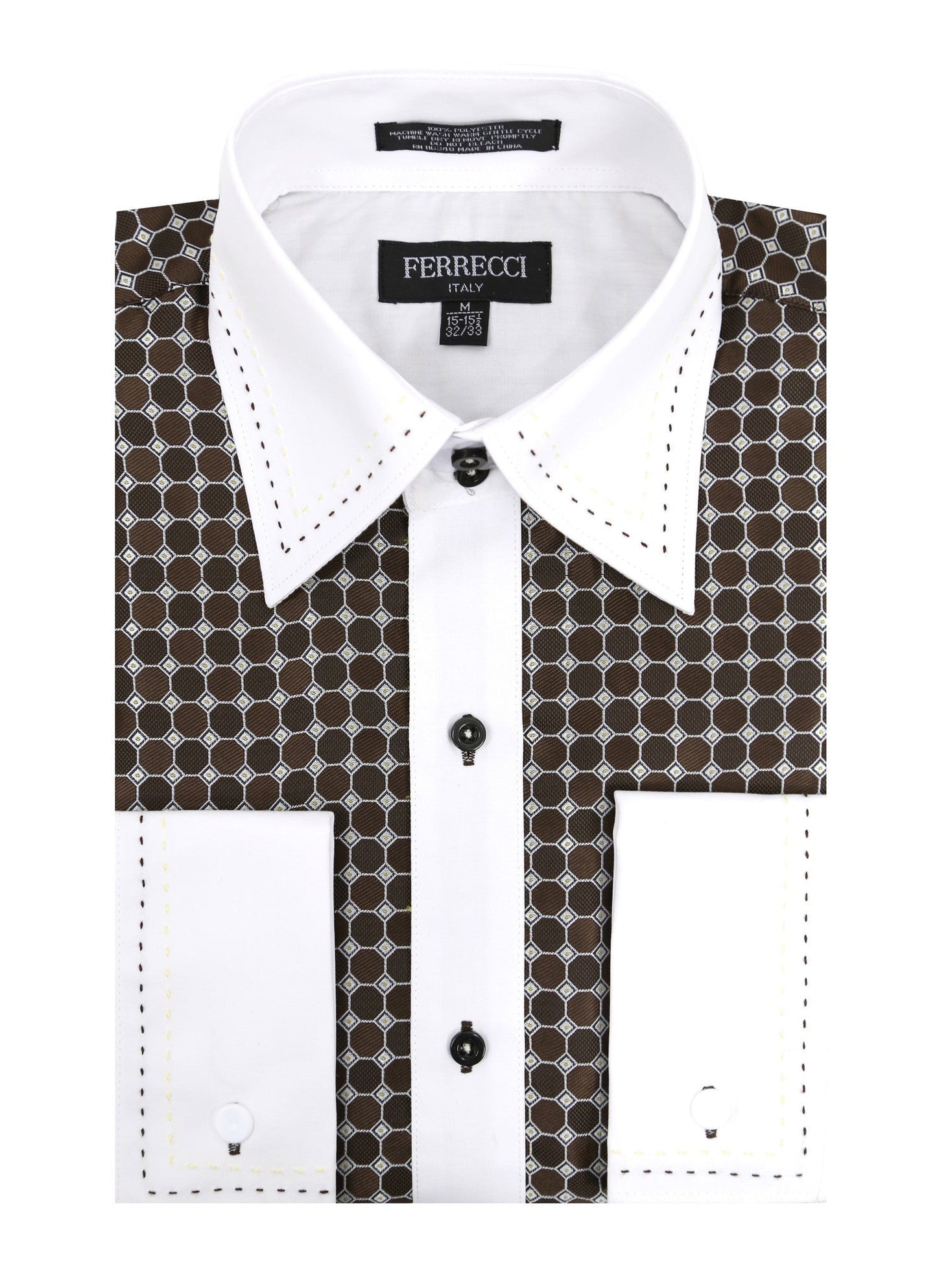 Ferrecci Men's Satine Hi-1022 Brown Circle Pattern Button Down Dress Shirt