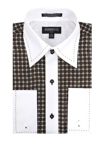 Men's Brown Circle Print Satin Dress Shirt – High Collar, French Cuff | Ferrecci Hi-1022
