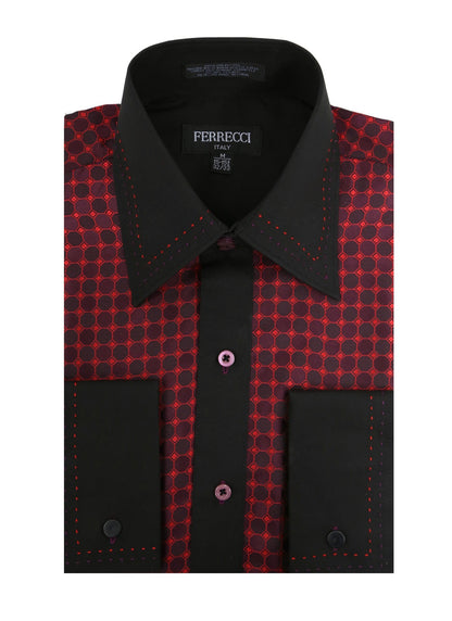 Men's Burgundy & Black Circle Print Satin Dress Shirt – High Collar, French Cuff | Ferrecci Hi-1023