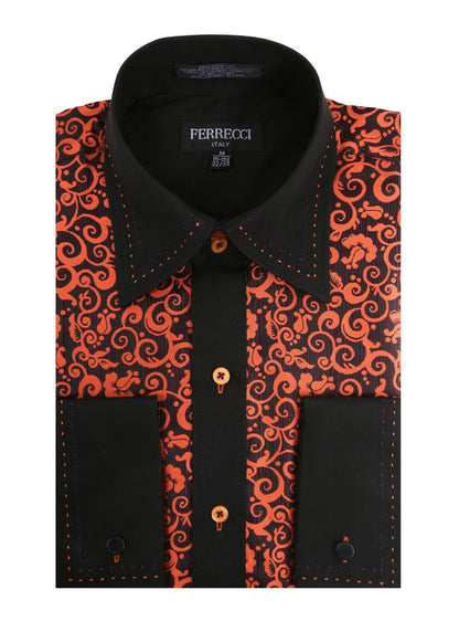 Men's Black & Orange Baroque Scroll Satin Dress Shirt – High Collar, French Cuff | Ferrecci Hi-1024