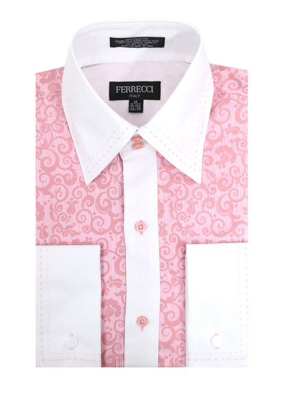 Men's Pink Baroque Scroll Satin Dress Shirt – High Collar, French Cuff | Ferrecci Hi-1027