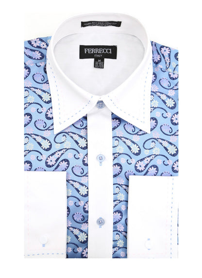 Men's White & Blue Floral Satin Dress Shirt – High Collar, French Cuff | Ferrecci Hi-1029