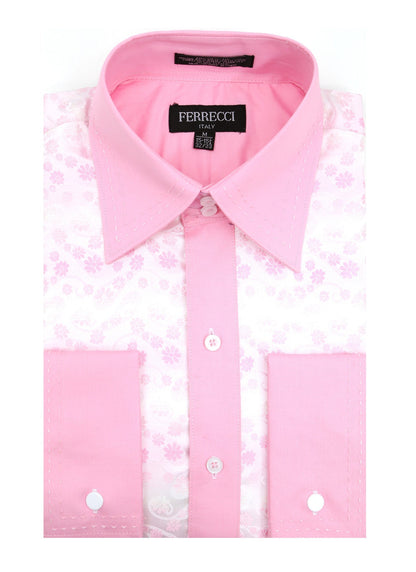 Men's Pink Floral Satin Dress Shirt – High Collar, French Cuff | Ferrecci Hi-1031