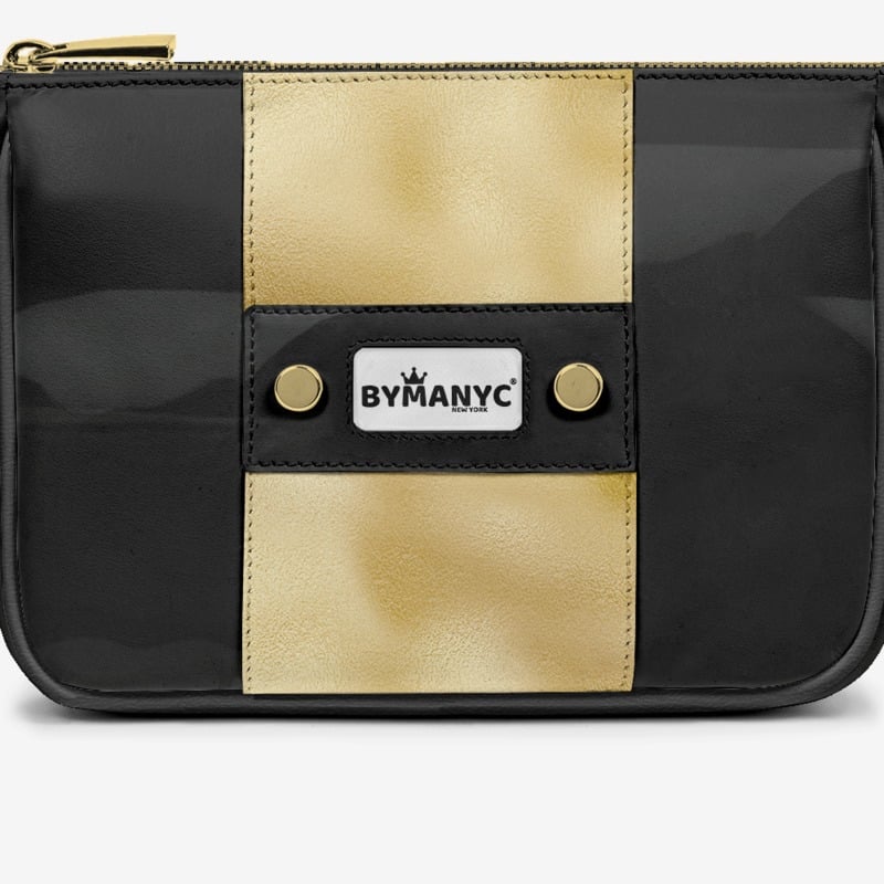 Bolso BYMANYC ® Nueva York – Tira vertical vegana de alta costura en negro y dorado de lujo