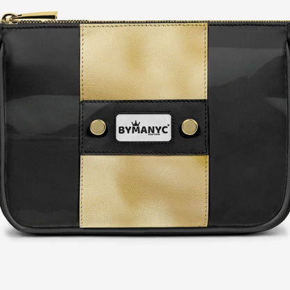 Bolso BYMANYC ® Nueva York – Tira vertical vegana de alta costura en negro y dorado de lujo