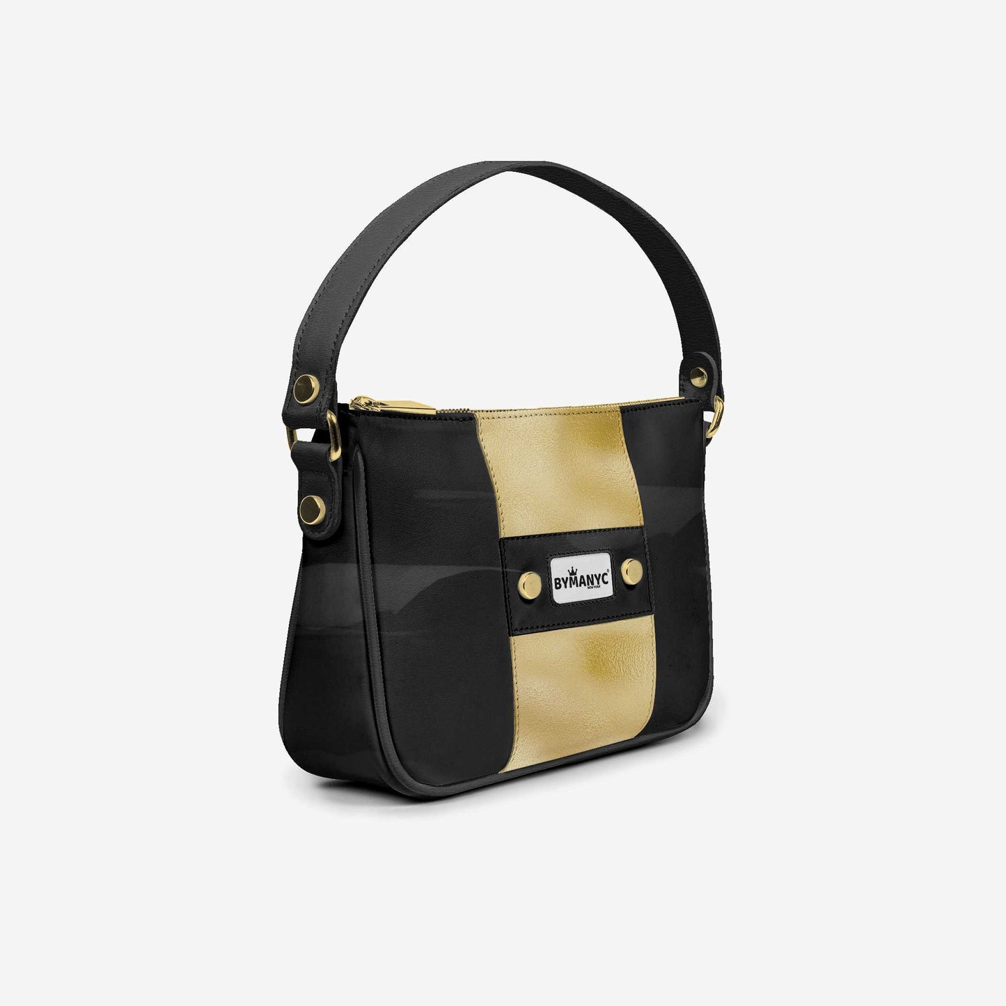 Bolso BYMANYC ® Nueva York – Tira vertical vegana de alta costura en negro y dorado de lujo
