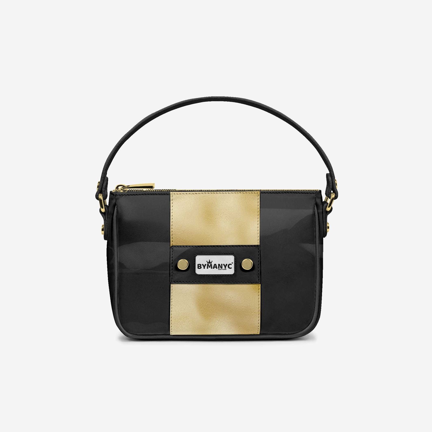 Bolso BYMANYC ® Nueva York – Tira vertical vegana de alta costura en negro y dorado de lujo