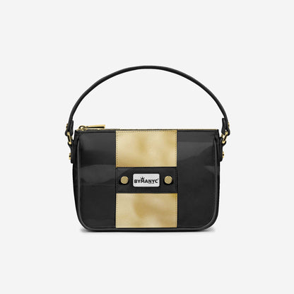 Bolso BYMANYC ® Nueva York – Tira vertical vegana de alta costura en negro y dorado de lujo