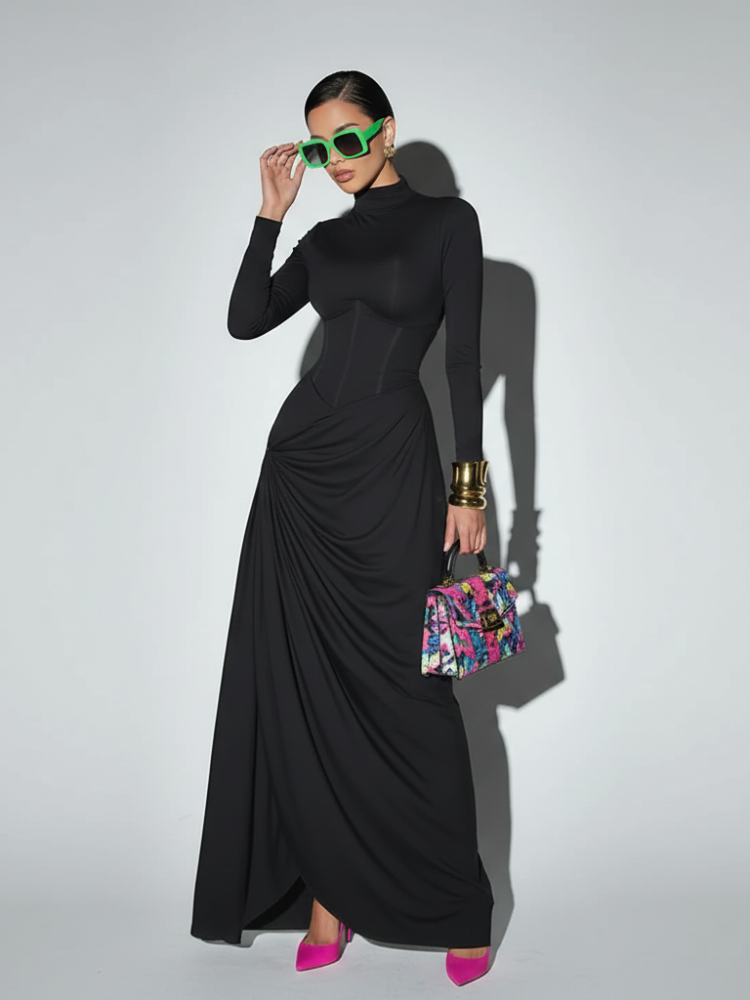Vestido de cuello alto con cintura ceñida y abertura para mujer, elegante, Fifth Avenue, BYMANYC Nueva York.