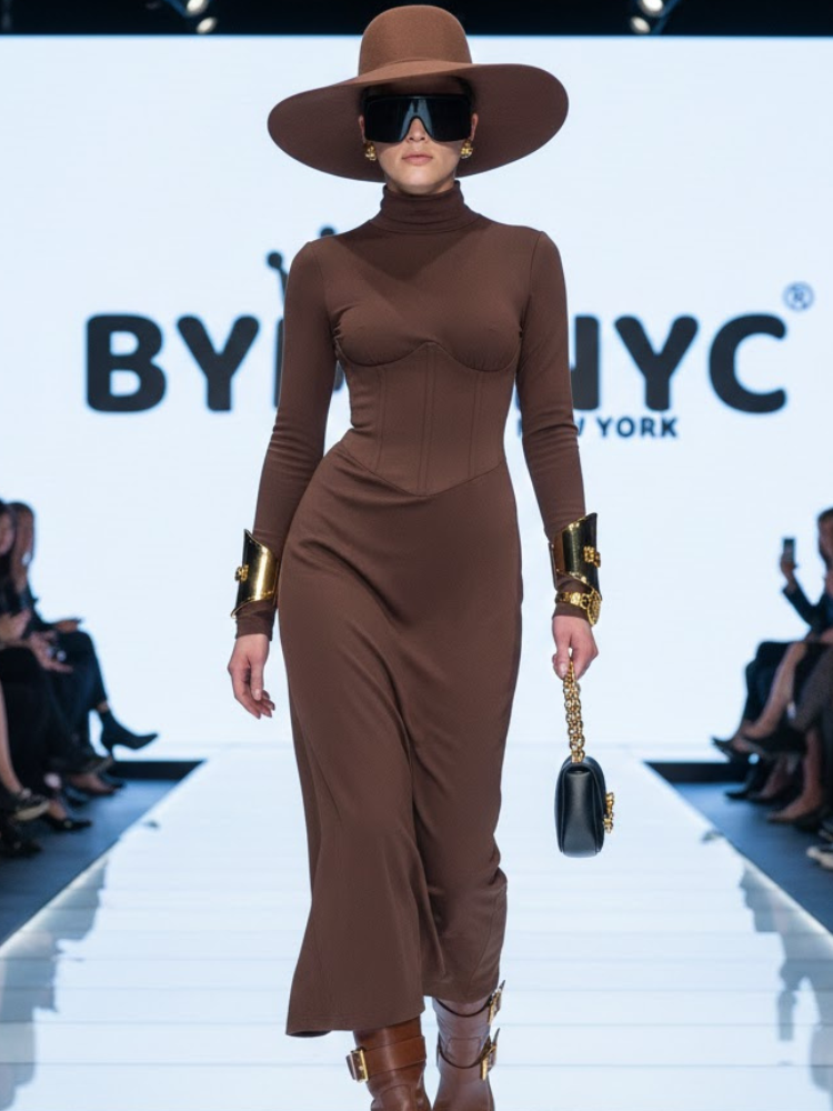 Vestido de cuello alto con cintura ceñida y abertura para mujer, elegante, Fifth Avenue, BYMANYC Nueva York.