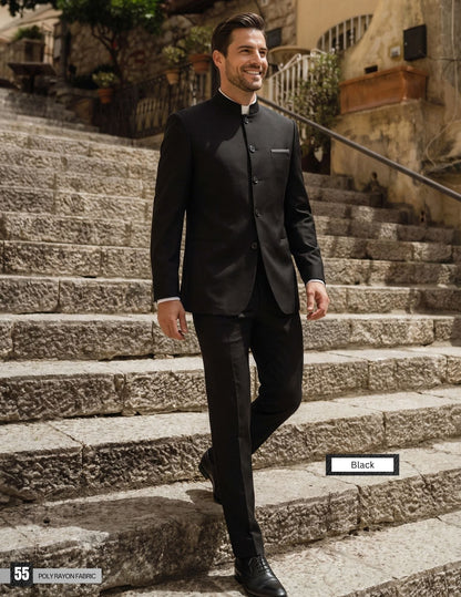 Mandarin Collar Suit - 2 Piece - Black