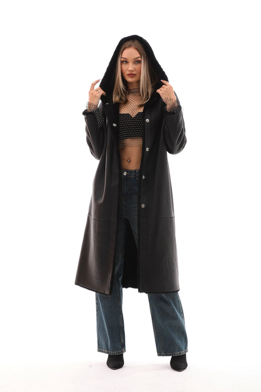 The Virella Reversible Hooded Shearling Leather Jacket