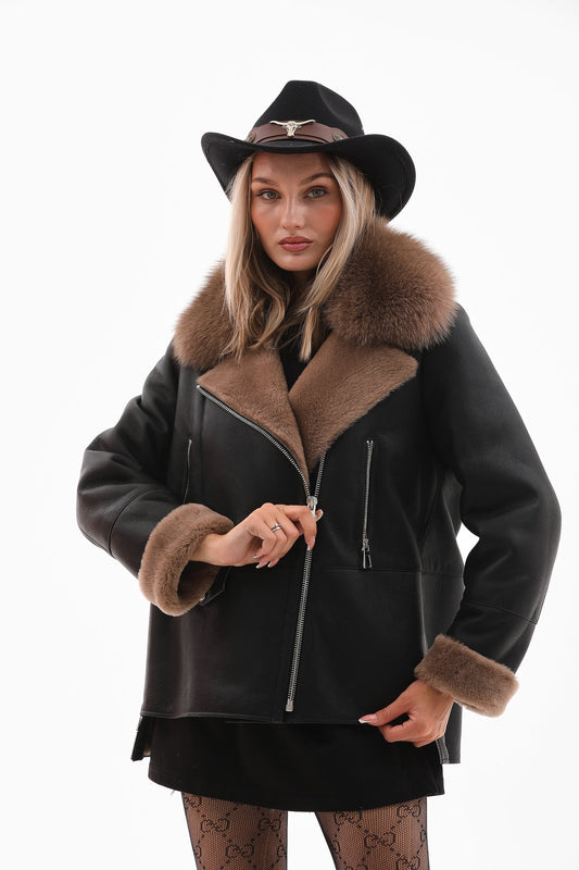 The Duchess Shearling Black & Brown Leather Women Jacket