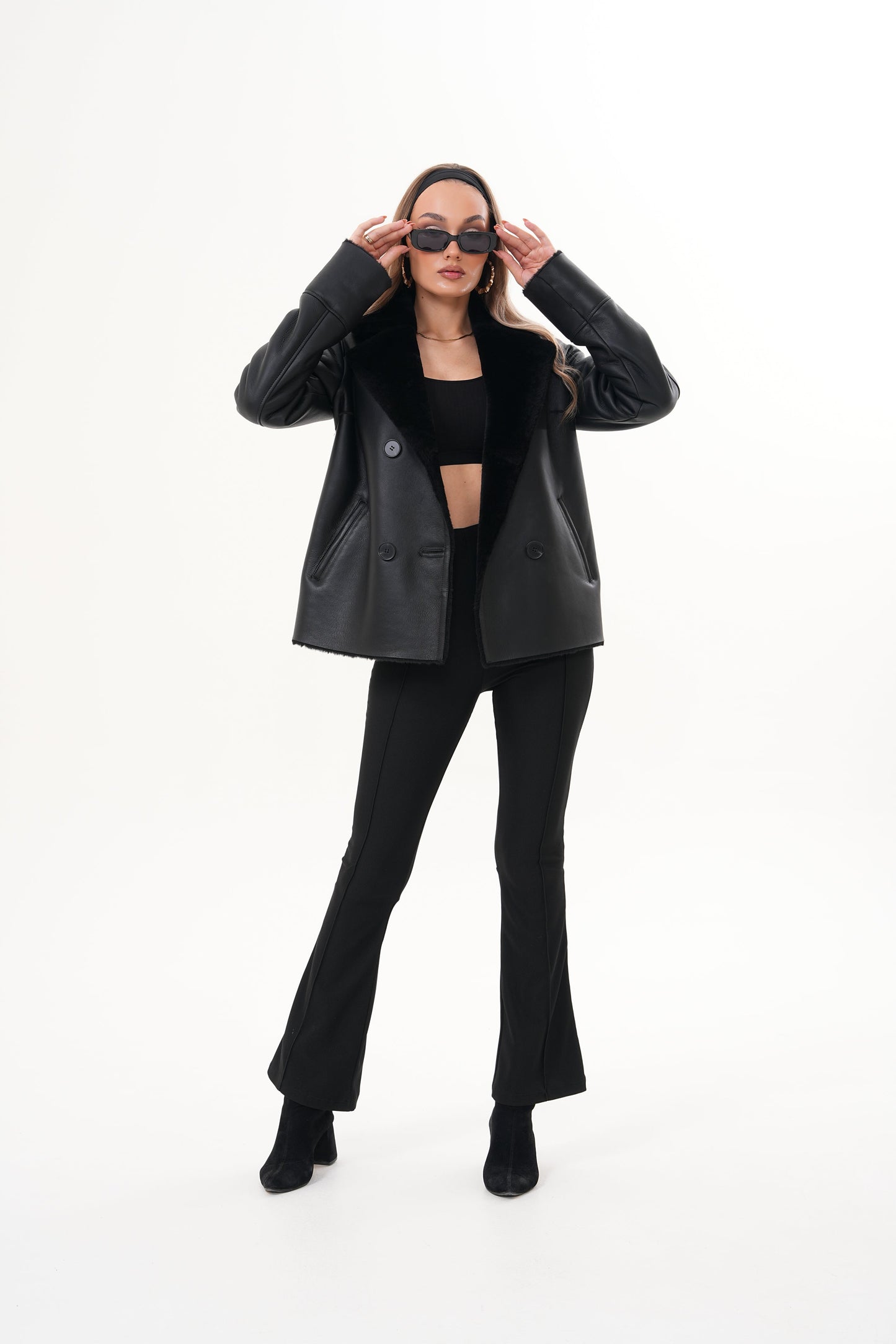 The Zurich Double-Breasted Black Shearling Leather Women Jacket