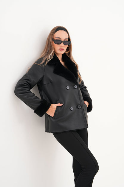 The Zurich Double-Breasted Black Shearling Leather Women Jacket