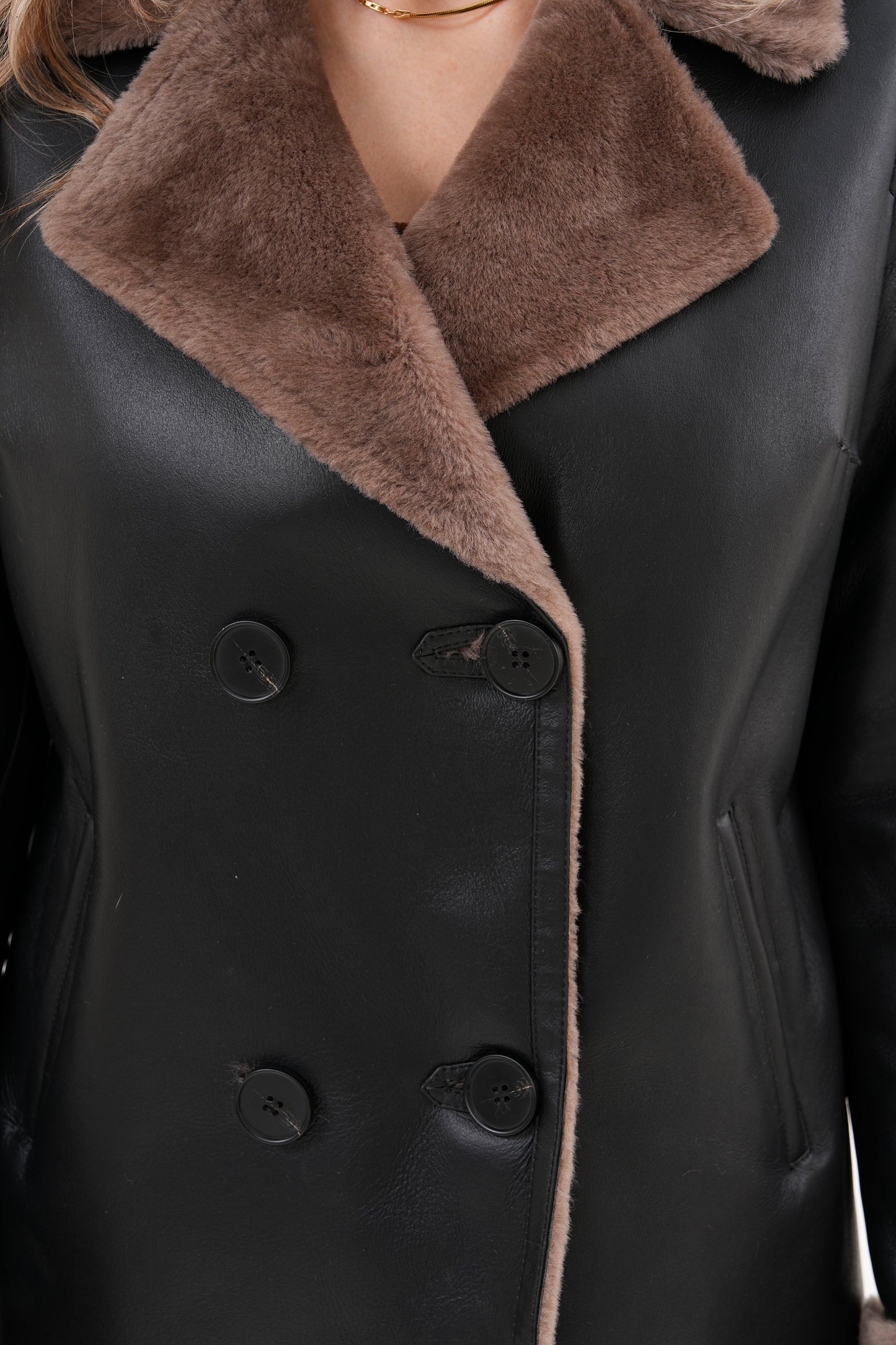 The Zurich Double-Breasted Brown Shearling Collar Leather Women Jacket