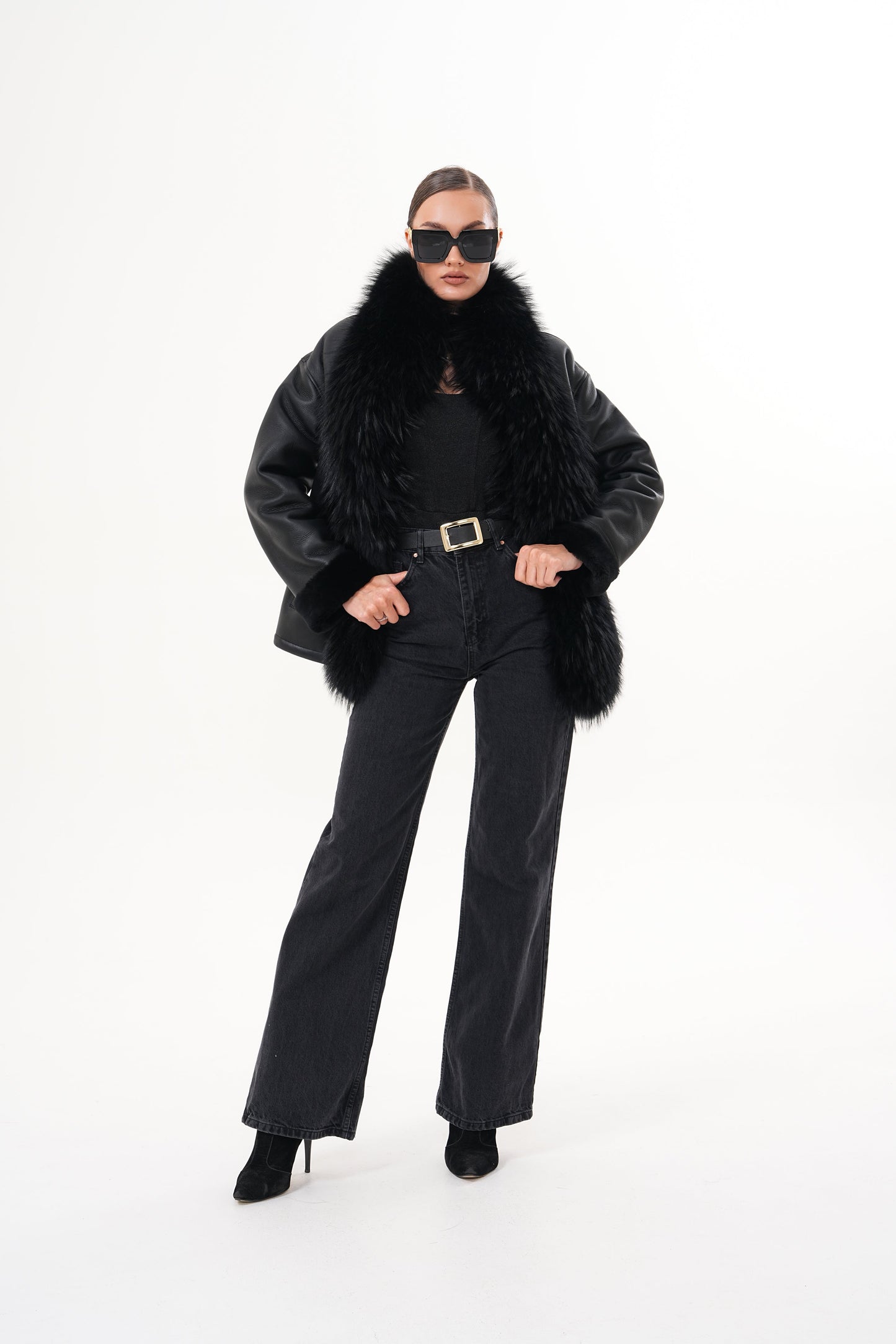 The Elise Black Shearling Leather Jacket