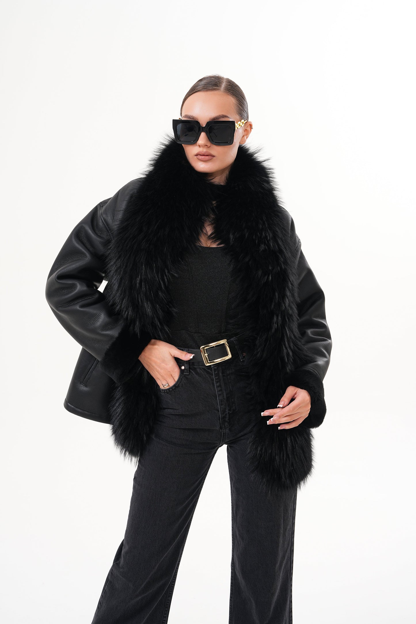 The Elise Black Shearling Leather Jacket