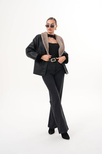 The Estelle Black & Beige Shearling Leather Women Jacket