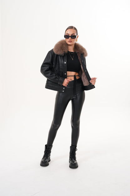 The Auretta Brown Collar Shearling Leather Women Jacket