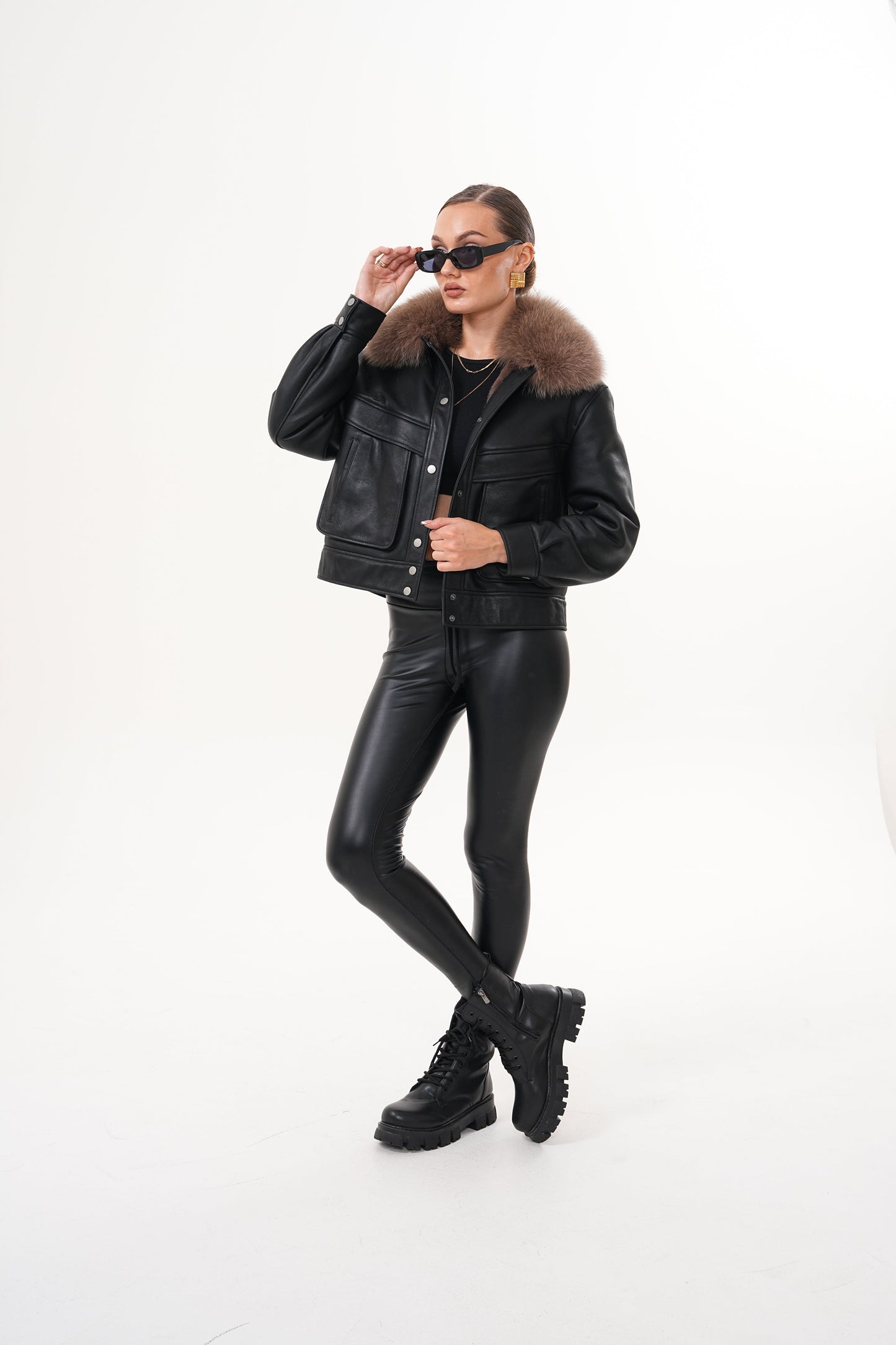The Auretta Brown Collar Shearling Leather Women Jacket