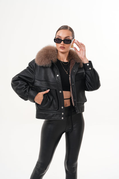 The Auretta Brown Collar Shearling Leather Women Jacket