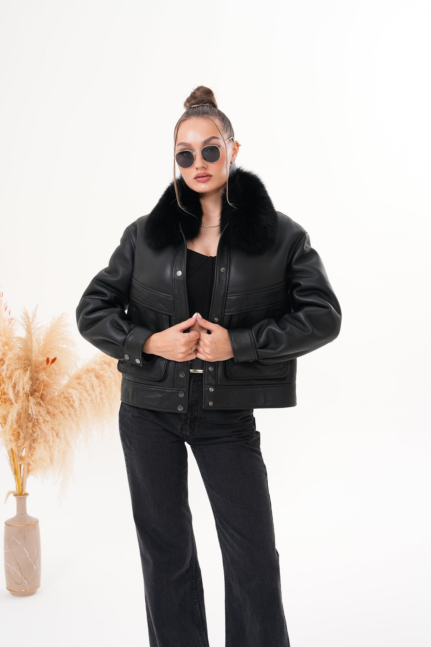 The Auretta Black Shearling Leather Women Jacket