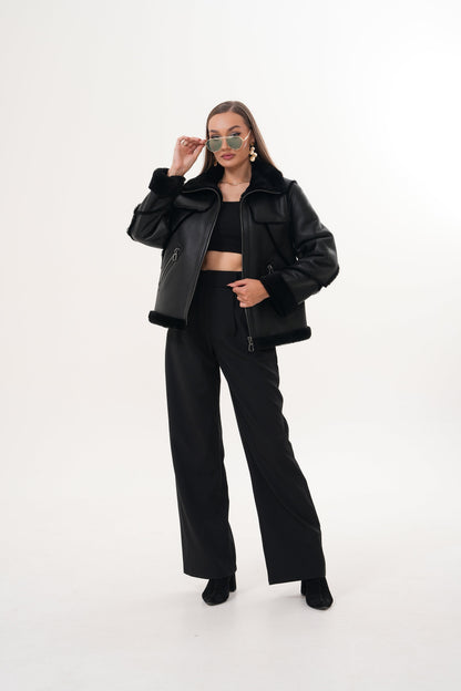 The Denali Black Shearling Leather Women Jacket