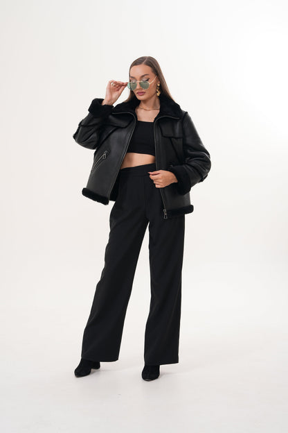 The Denali Black Shearling Leather Women Jacket