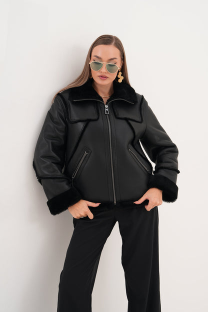 The Denali Black Shearling Leather Women Jacket