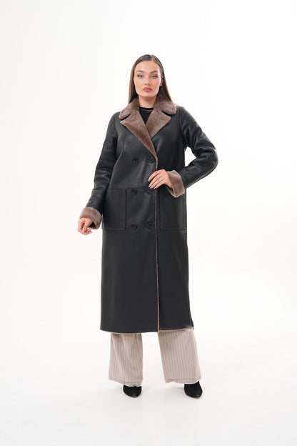 The Florence Long Shearling Black Leather Women Jacket