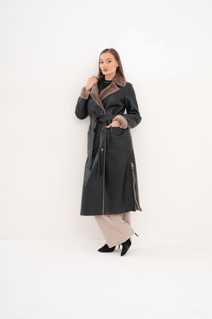 The Florence Long Shearling Black Leather Women Jacket