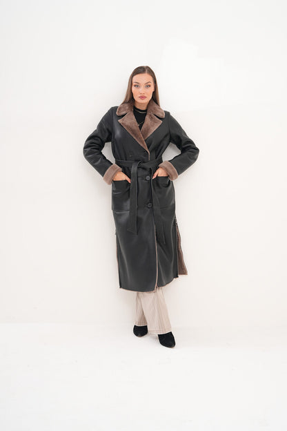 The Florence Long Shearling Black Leather Women Jacket