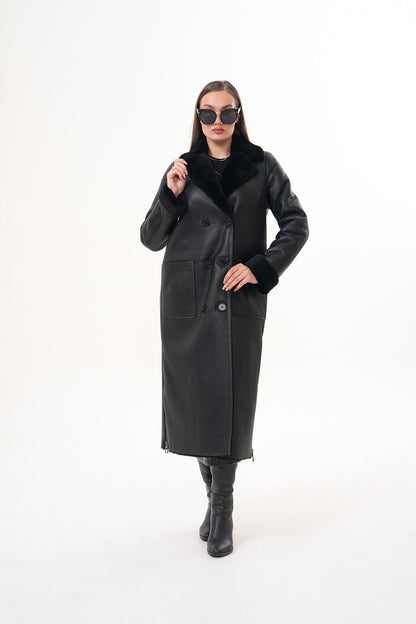 The Raven Long Shearling Black Leather Women Leather Jacket