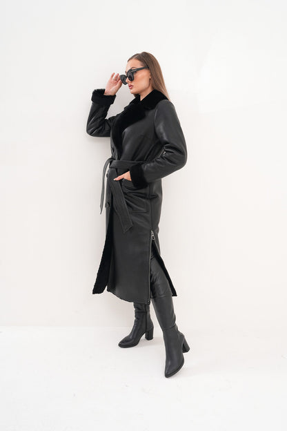 The Raven Long Shearling Black Leather Women Leather Jacket