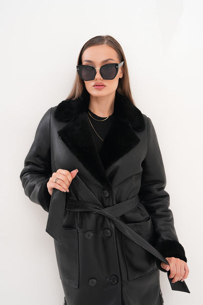 The Raven Long Shearling Black Leather Women Leather Jacket