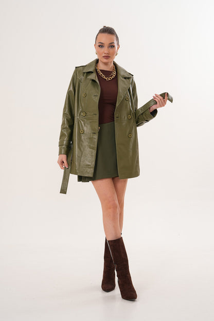 The Caelith Olive Green Leather Women Trench Jacket