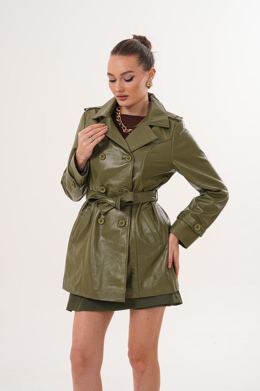 The Caelith Olive Green Leather Women Trench Jacket