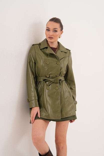 The Caelith Olive Green Leather Women Trench Jacket
