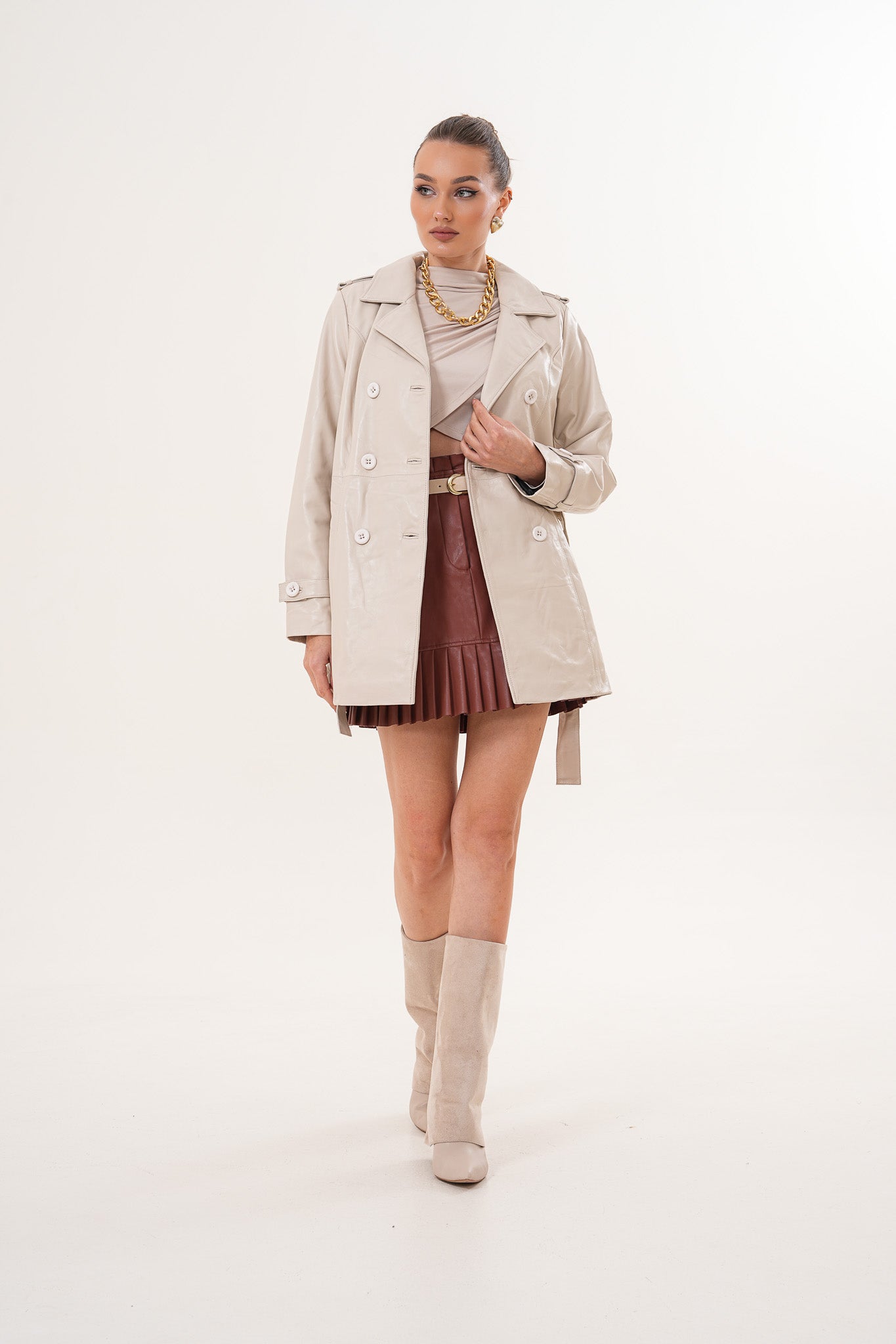 The Caelith Light Beige Leather Women Trench Jacket